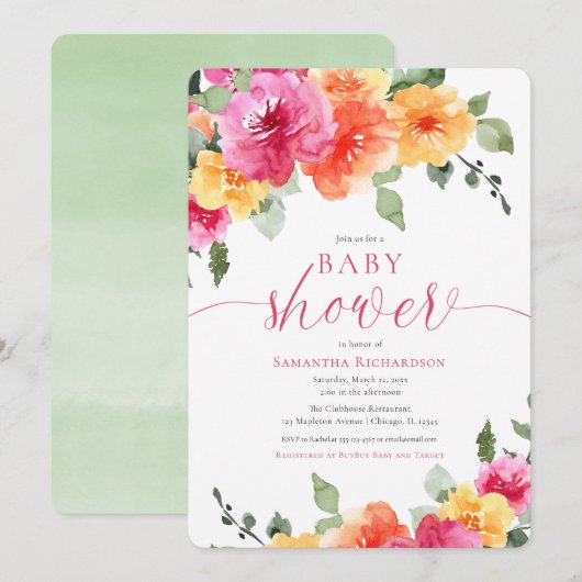 Invitation Bright rose fleurie pivoines fille baby shower (Devant / Derrière)