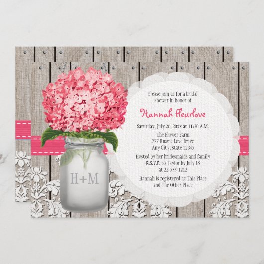 Invitation Bright rose Hydrangea Mason Jar Fête des mariées (Devant / Derrière)
