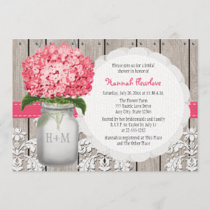 Invitation Bright rose Hydrangea Mason Jar Fête des mariées