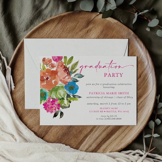 Invitation Bright Rose Orange Floral fête de graduation