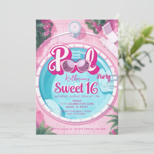 Invitation Bright Rose Pool Party Girly Sweet 16 Seize (Debout devant)