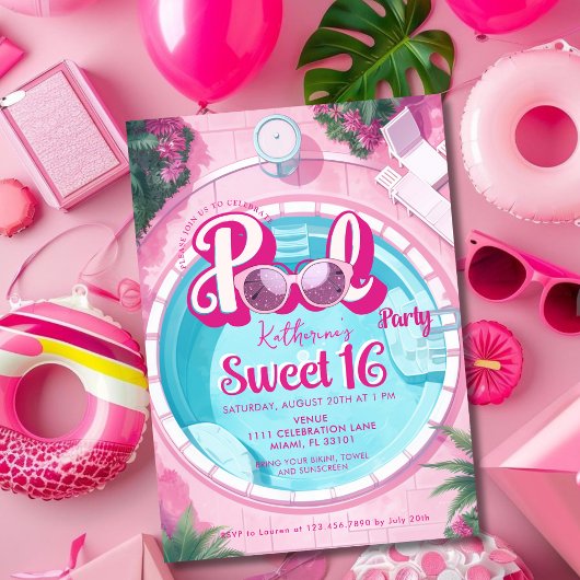 Invitation Bright Rose Pool Party Girly Sweet 16 Seize