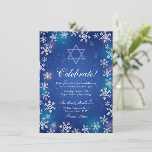 Invitation Bright Snowflake Bleu Hiver Bat mitzvah réception (Debout devant)