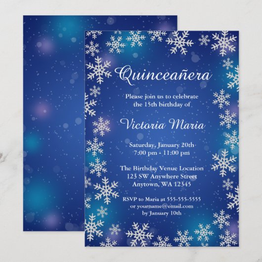 Invitation Bright Snowflakes Blue Winter Quinceanera Invitati (Devant / Derrière)