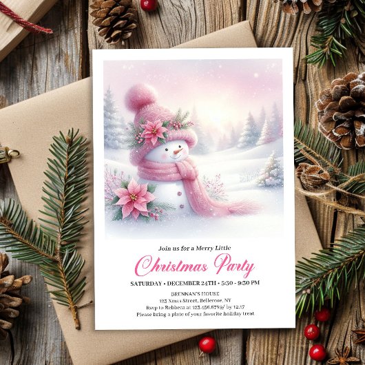 Invitation Bright Snowy Forest Pink Snowman Christmas Invite 