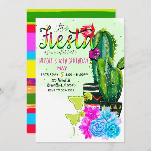 Invitation Bright Stripes Fiesta Cactus & Succulents Party (Devant / Derrière)