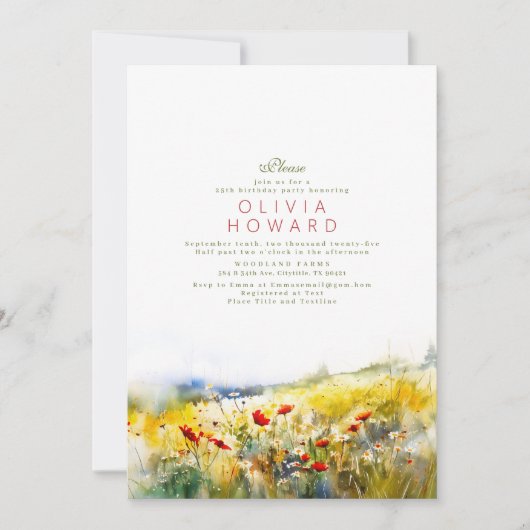Invitation Bright Summer Fleurs sauvages Anniversaire romanti (Devant)