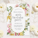 Invitation Bright Watercolor Floral 40e fête d'anniversaire<br><div class="desc">Une belle invitation à fêter l'anniversaire féminine avec une élégante aquarelle cadre floral dans des couleurs joyeuses de jaune, rose, blanc et vert rendent cette invitation pop avec le charme élégant. Les appareillages de type tendance comprennent un titre chic en police coque inférieure jumelé à des sans serif modernes. Le...</div>