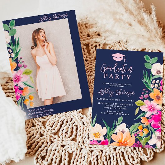 Invitation Bright wild flowers script de graduation photo