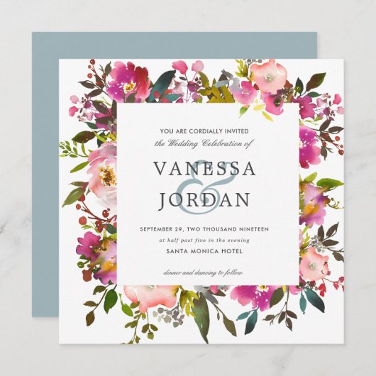 Invitation Brillant Fleur | Floral Botanical Rose Mariage (Devant / Derrière)