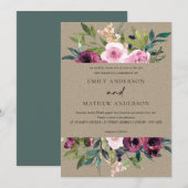INVITATION BRILLANT KRAFT BLUSH BURGUNDY FLORAL BUNCH MARIAGE (Devant / Derrière)
