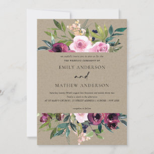 INVITATION BRILLANT KRAFT BLUSH BURGUNDY FLORAL BUNCH MARIAGE