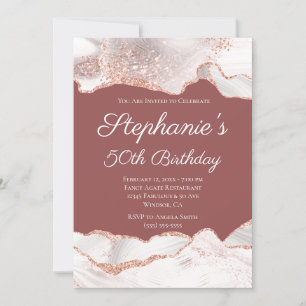 Invitation Brique Rose Doré Pailleté Blanc Agate 50e Annivers