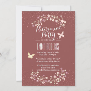 Invitation Brique Rouge Papillon & Fleurs Parti de retraite