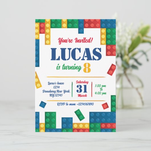 Invitation Briques colorées Blocs de construction Anniversair (Debout devant)