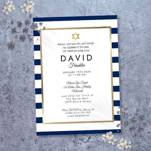 Invitation Brit Milah Navy Bleu Blanc Rayure Or