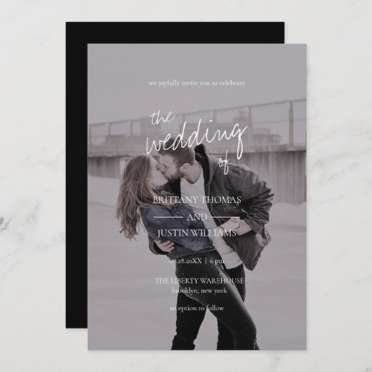 Invitation Brittany Modern Elegant White Script Mariage photo (Devant / Derrière)