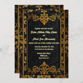 Invitation Brocade damassé or noir élégant mariage orné (Devant / Derrière)