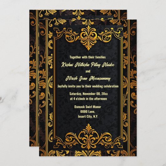 Invitation Brocade damassé or noir élégant mariage orné (Devant / Derrière)