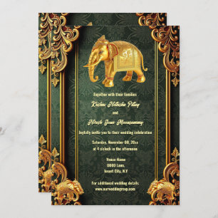Invitation Brocade fleurie d'éléphants indiens en or vert Hin