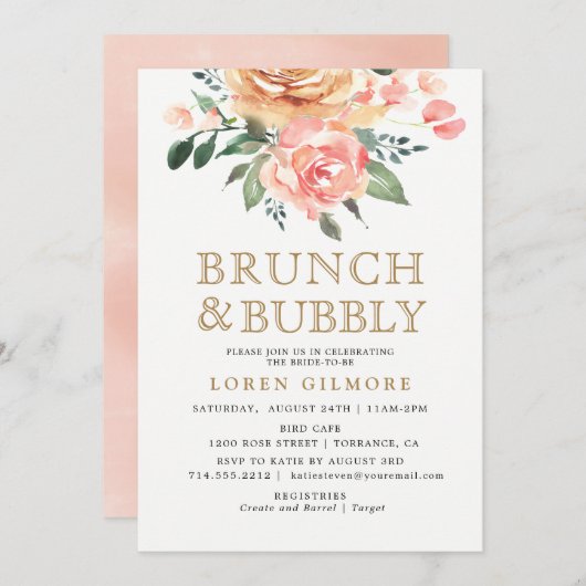 Invitation Broche d'or Floral Bridal Brunch Douche (Devant / Derrière)