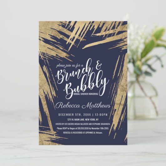 Invitation Brochures d'or moderne Marine Bleu Brunch Bubbly (Debout devant)