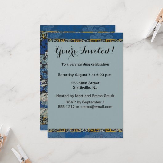 Invitation Broderie chinoise bleu d'oiseau Vintage (Devant/Arrière en situation)