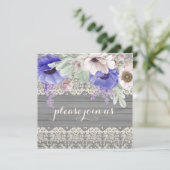 Invitation Broderie de bois de grange aquarelle Anémones bleu (Debout devant)