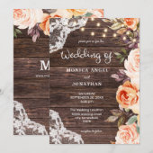 Invitation Broderie de bois rose et fleurs de pêche avec lumi (Devant / Derrière)