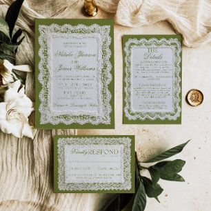 Invitation Broderie en papier vert olive argent ancien mariag