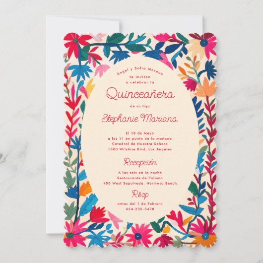 Invitation Broderie mexicaine Otomi Gras Colorée Quinceañera (Devant)