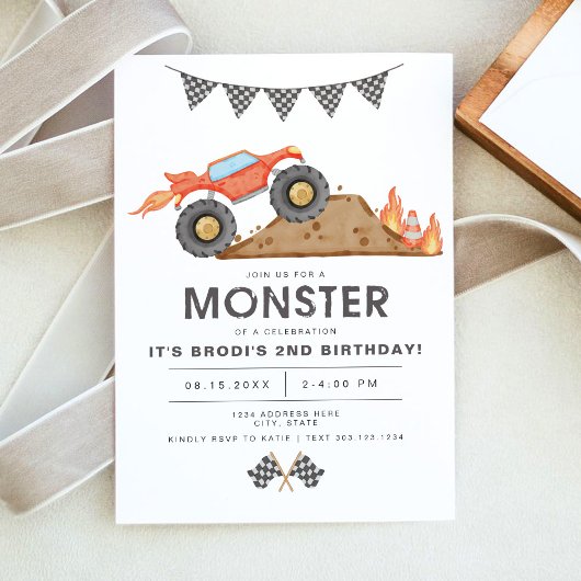 Invitation BRODI Red Monster Truck Boy Anniversaire
