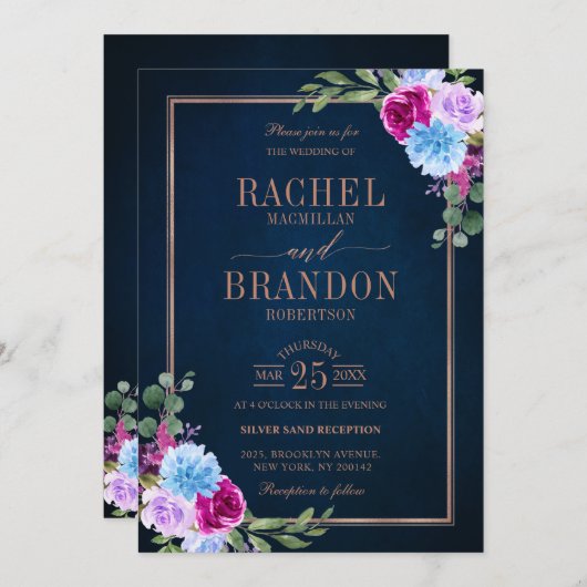 Invitation Bronz floral rose chaud bleu Mariage rustique bleu (Devant / Derrière)
