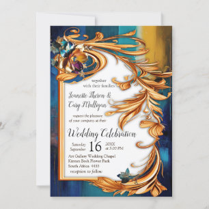 Invitation bronze Abstrait, style baroque bleu or