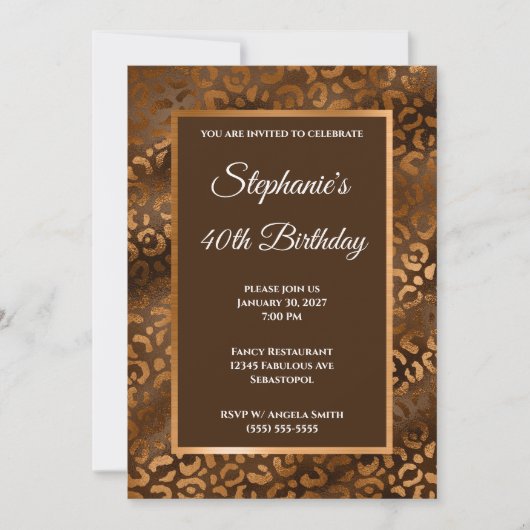 Invitation Bronze et Brown Foil Léopard Glam 40e anniversaire (Devant)