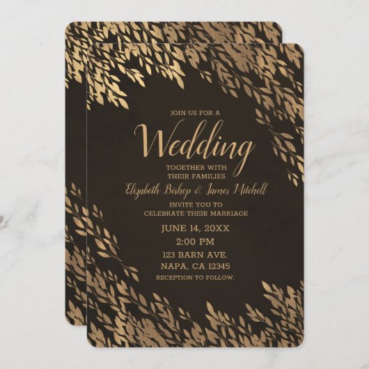 Invitation Bronze Feuilles or Brown Chic Rustique Mariage (Devant / Derrière)