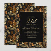 Invitation Bronze Gold Black Feuilles 21ème anniversaire fête (Devant / Derrière)