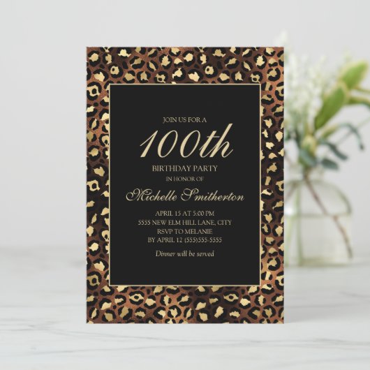 Invitation Bronze Gold Black Leopard 100e fête d'anniversaire (Debout devant)
