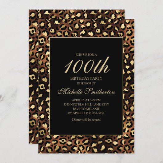 Invitation Bronze Gold Black Leopard 100e fête d'anniversaire (Devant / Derrière)