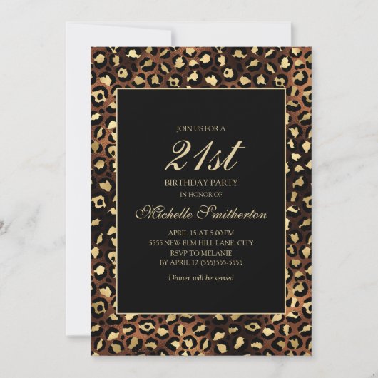Invitation Bronze Gold Black Leopard 21e fête d'anniversaire (Devant)