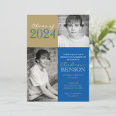 Invitation Bronze Gold & Royal Blue 2 Photo Graduation (Debout devant)