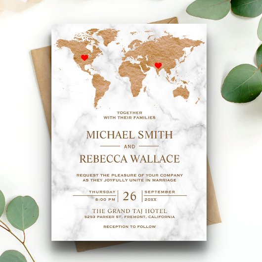 Invitation Bronze Marble Plan du monde Coeurs Voyageurs Maria