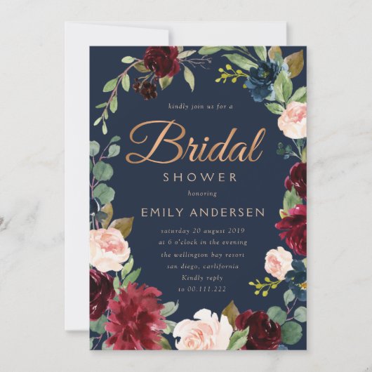 Invitation Bronze moderne script bordeaux marine douche nupti (Devant)