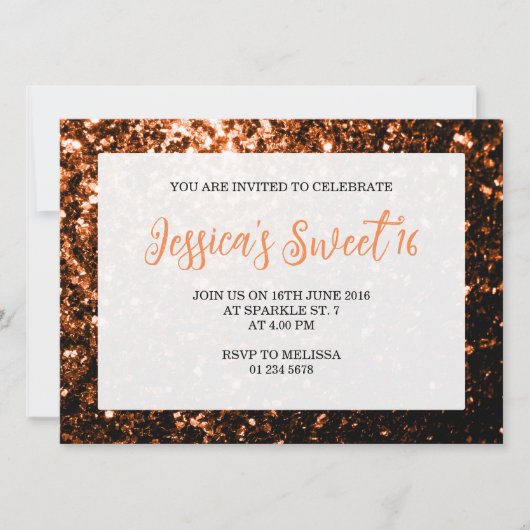 Invitation Bronze orange étincelles Sweet 16 élégant script (Devant)