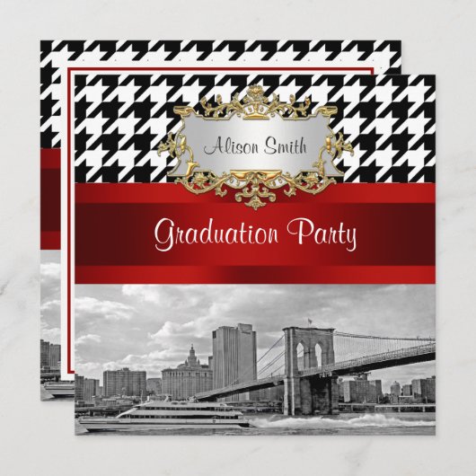 Invitation Brooklyn Bridge Blk Wht Houndstooth Graduation (Devant / Derrière)