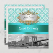 Invitation Brooklyn Bridge Turquoise Blanc Damask Sweet 16 (Devant / Derrière)