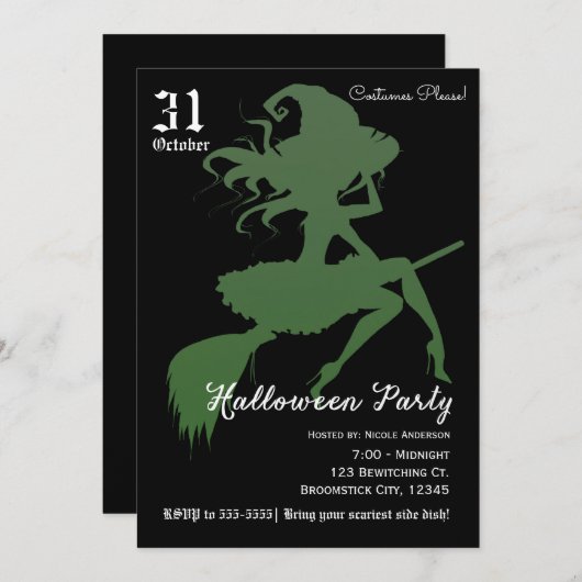 Invitation Broomstick Volant Sorcière verte Halloween Party (Devant / Derrière)