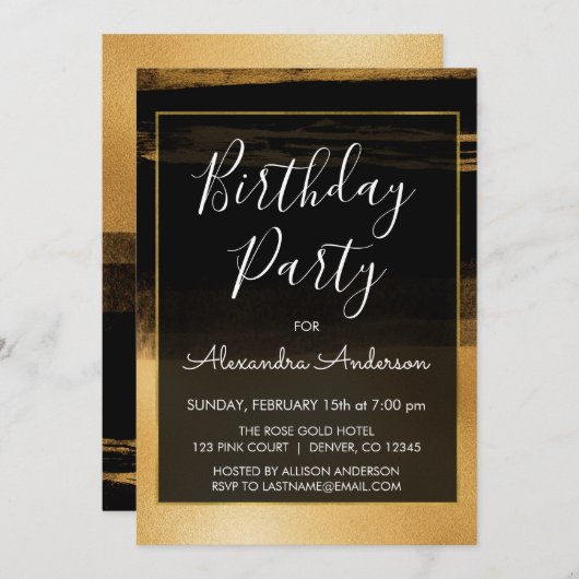 Invitation Brosse à huile noire et or Strot N'importe quel âg (Devant / Derrière)