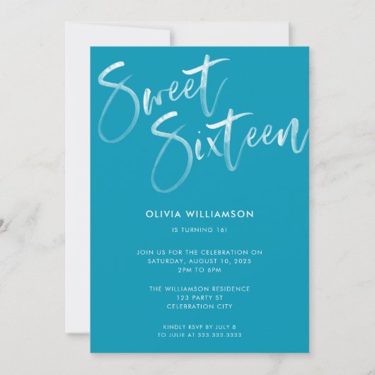 Invitation Brosse bleu moderne Script Sweet 16 Anniversaire (Devant)