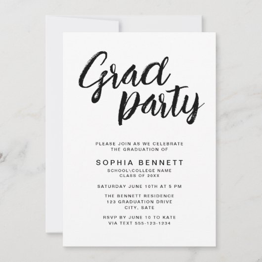 Invitation Brosse chic moderne Script Black & White Grad Part (Devant)
